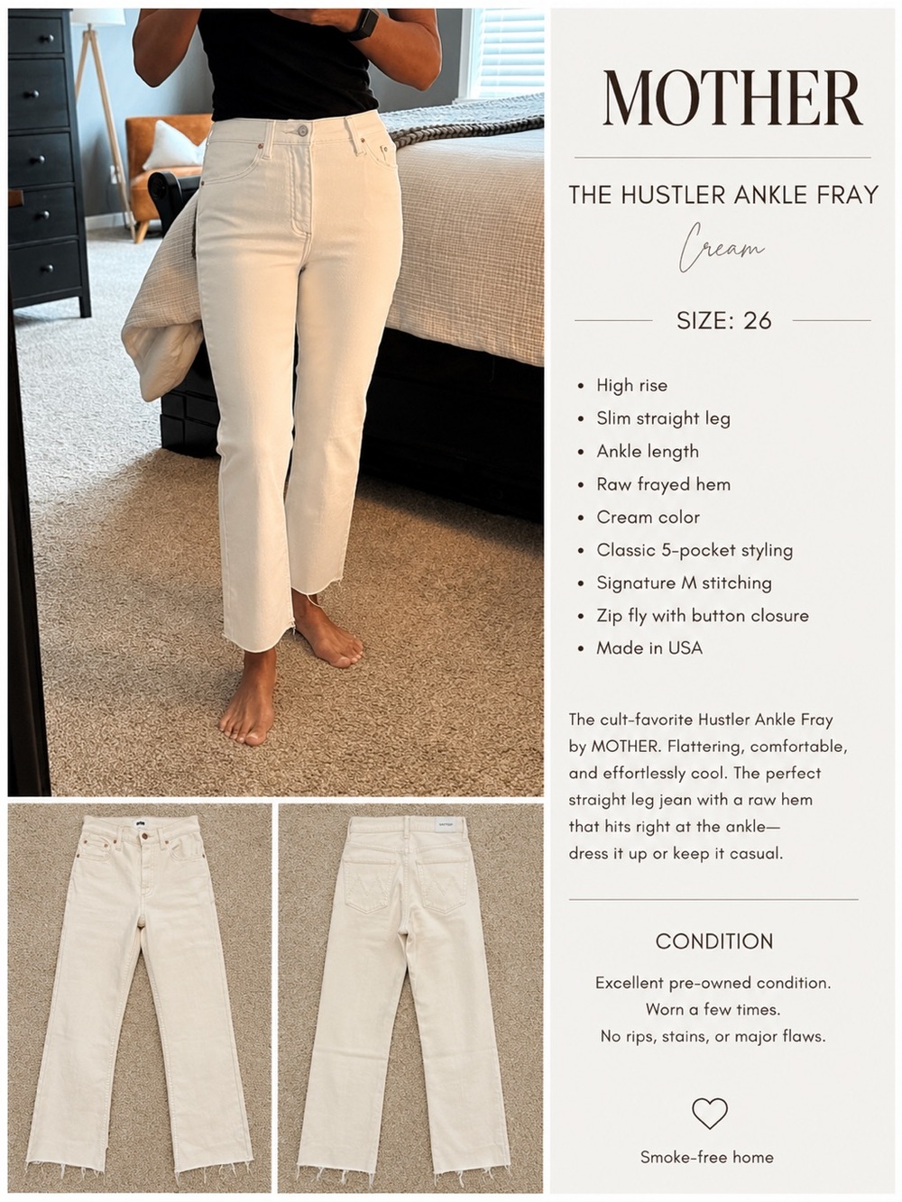 MOTHER The Hustler Ankle Fray Jeans
Size 26 | Cream